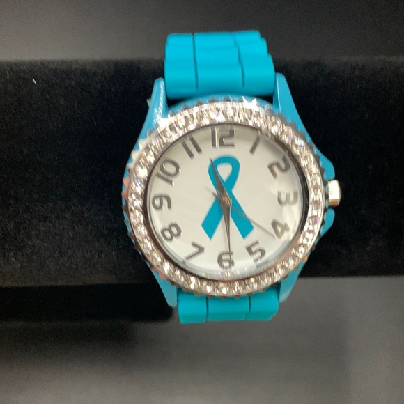 Teal Ribbon Ovarian Cancer Awareness Silicone Watch - Picture 1 of 7